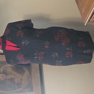 Devoted Midi Dress with Neck Cut Out, Red Floral Design on Black Dress